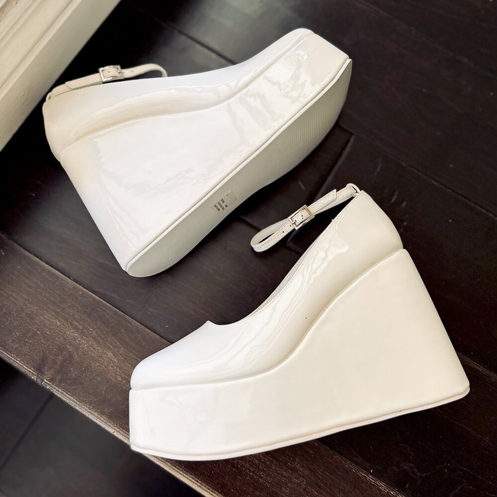 NEW🔥 Ivory Chunky Platform Wedge High Heel Shoes Buckle Ankle Strap Closed Toe - Picture 2 of 6